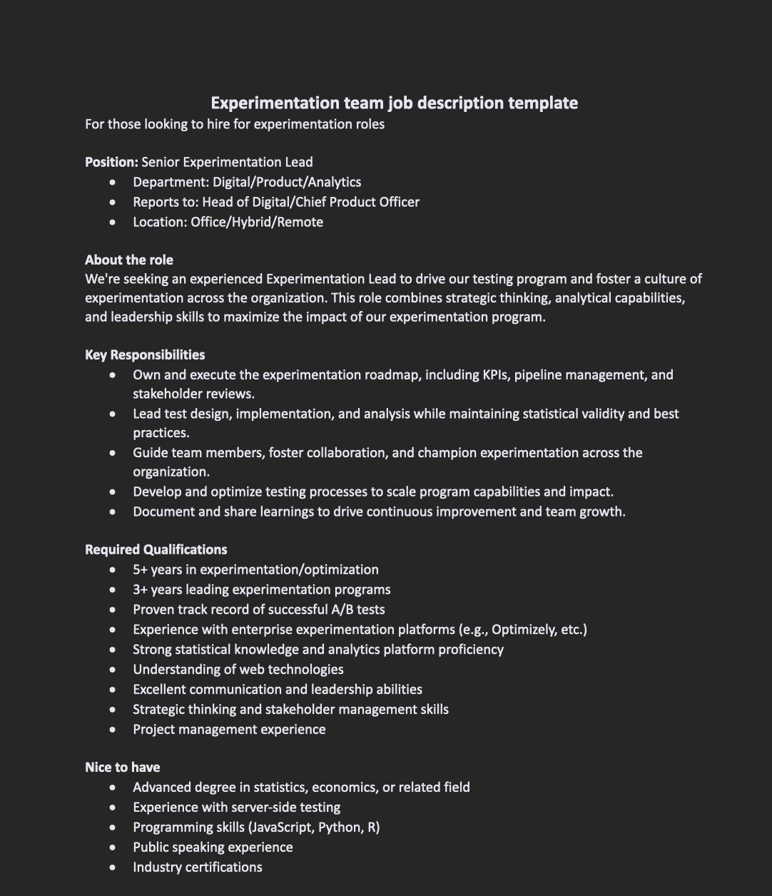 Experimentation lead job template